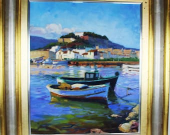 Pintura al óleo de Rosa Canto, original, España, firmada por el artista, escena del puerto mediterráneo