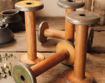 Set of 2 Industrial Textile Spool, Wooden Spinning Bobbins, Vintage Wood Spindle