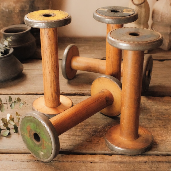 Set of 2 Industrial Textile Spool, Wooden Spinning Bobbins, Vintage Wood Spindle