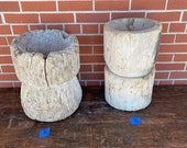 Vintage Mortar Vessel, Large Rustic Grain Carved Wood Mortar
