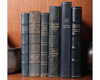 Vintage Decorative Book Set, Blue & Black Marbled Covers, Shelf Styling