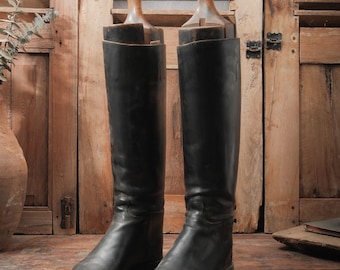 Vintage Black Leather Riding Boots with Wooden Boot Trees – Equestrian Decor