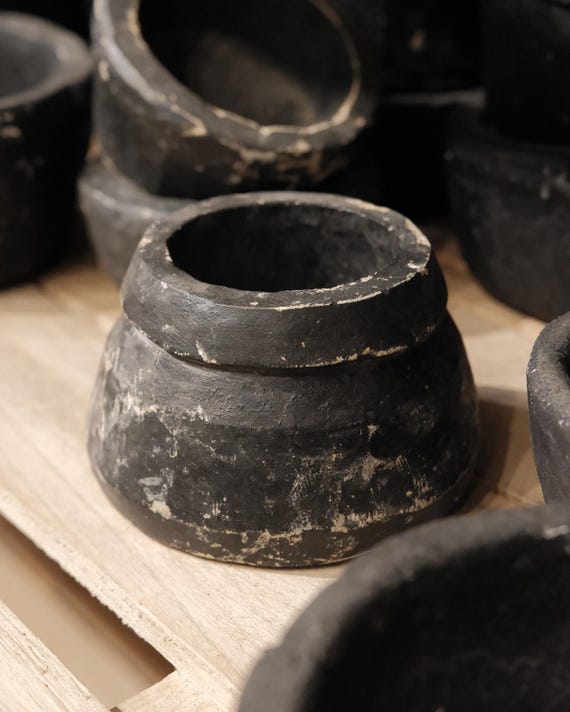 Vintage Black Soapstone Composite Bowl | Hand-Carved Primitive Vessel | Rustic Indian Décor | Wabi-Sabi Accent | Free Shipping