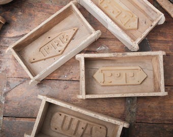 Vintage Whitewashed Wooden Brick Mold, Antique Clay Form, Farmhouse Decor (3"H x 12"L x 5.5"W)