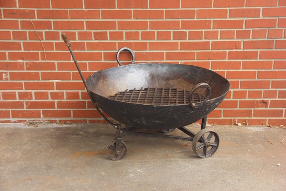 Vintage Fire Pit On Wheels Rustic Metal Bowl Kadai Bowl Etsy