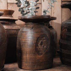 Primitive Hand-Carved Wooden Milk Pot: Rustic Farmhouse Vase