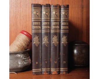 Antique Leather-Bound Book Set Danish Explorer & Travel Decor