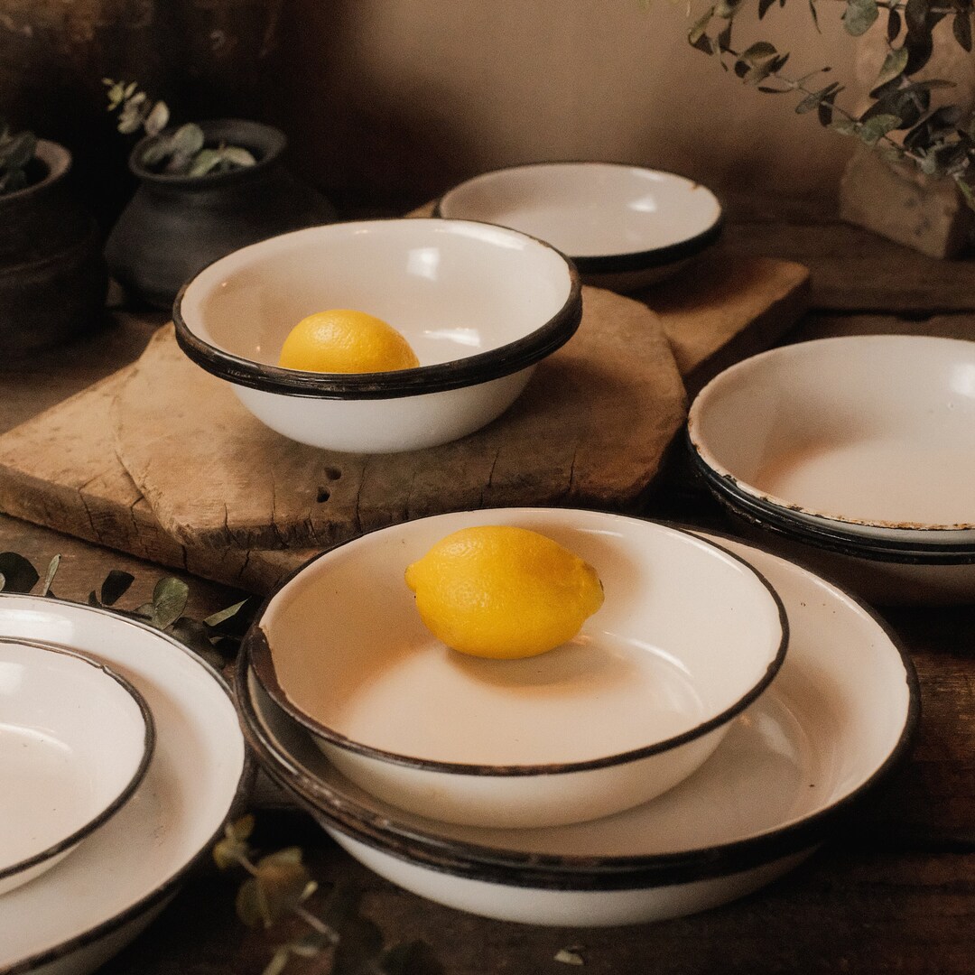 Rustic Small Bowl Enamel Metal White Bowls, Small Rustic Storage Tray, Farmhouse Outdoor ...