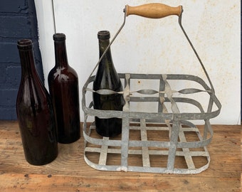 European Vintage Bottle Carrier, Industrial Metal Wire Drink Holder