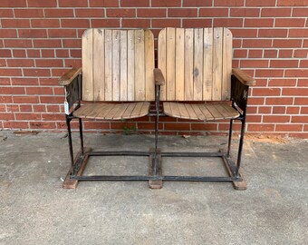 Vintage Theater Wooden Seats, Industrial Cinema Twin Chairs, Rustic Entryway Chairs