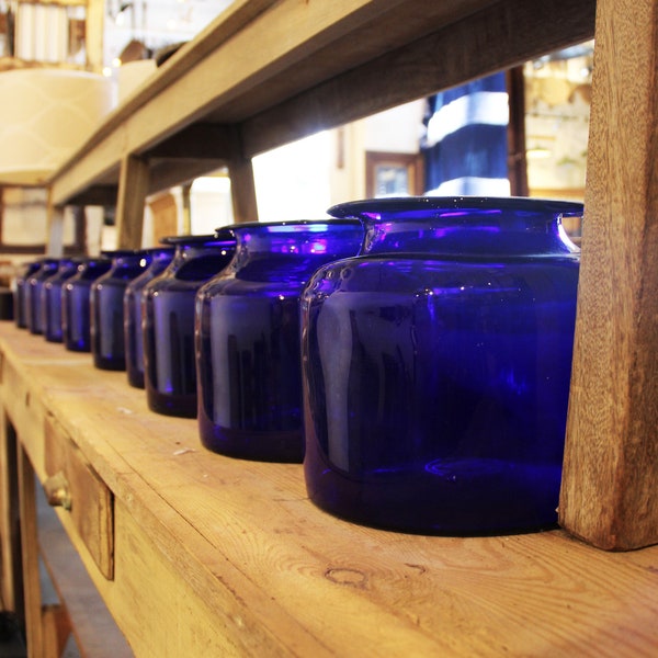 Hand Blown Rustic Cobalt Blue Glass Bottle, Rustic Living Room Decor, Lamp base, Large Mouth Pickle Jar