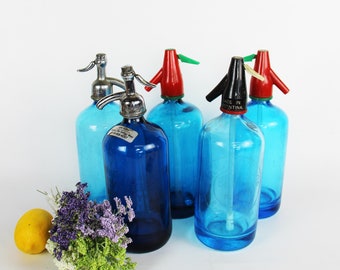 Bouteille de seltzer vintage en verre bleu cobalt, décoration de bar