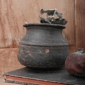 May include: A dark gray, aged ceramic pot with a wide base and a narrow neck, holding dried leaves. It sits atop a weathered, dark book with red-edged pages, next to a small, round, brown fruit. The background is a wooden surface.