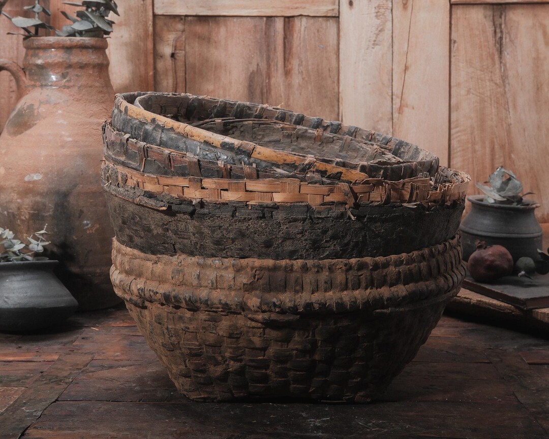 Vintage Woven Splint Basket | Primitive Farmhouse Decor | Rustic Wabi ...