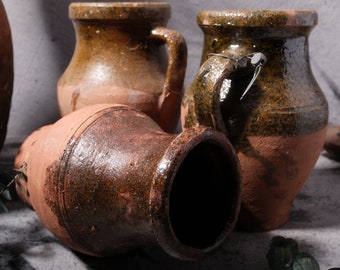 Vintage Mini Terracotta Green Glazed Greek Turkish Olive Jar | Antique Pot | Free Shipping