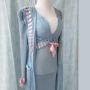 Vintage 1930s 1940s Blue Peignoir Nightgown Set Trimmed with Pink Ribbon - Deadstock - For Tall Women - Woven Rayon - Nightgown Robe Set