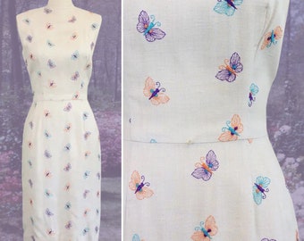 1950s early 1960s Embroidered Butterfly Novelty Linen Silk Blend Wiggle Shift Dress 50s 60s