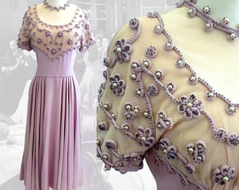 Late 1930s Early 1940s Lavender Rayon Crepe Dress Trimmed in Pearls, Soutache, and Beading with Illusion Neckline 30s 40s