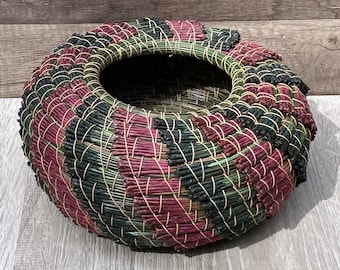 Pine-needle basket, green and fuchsia dyed Ponderosa pine needles, spalted fir center, beautiful gift for someone special, made with love.