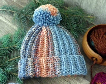 Ribbed Beanie Coral & Blue with Pom