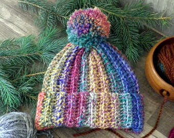 Ribbed Beanie Purple, Teal, Orange and Yellow with Pom