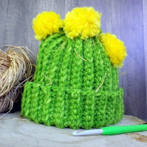 Halloween Cactus Hat, Ribbed Cactus Beanie, Bright Green Tonal with Yellow Flowers, Cactus Costume Hat, Halloween Mom Dad Hat
