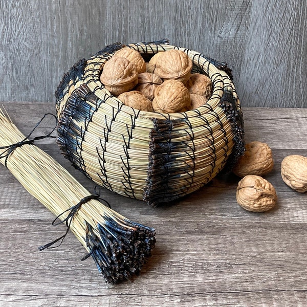 Ponderosa pine-needle basket, green-dried pine needles, black caps, black waxed Irish linen stitching, beautiful gift for your home gallery