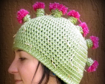 Prickly Pear Cactus Mohawk Hat Beanie Pale Green with Hot Pink Blossoms