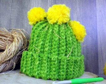 Halloween Cactus Hat, Ribbed Cactus Beanie, Bright Green Tonal with Yellow Flowers, Cactus Costume Hat, Halloween Mom Dad Hat