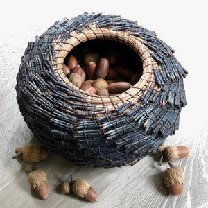 May include: A round, woven basket featuring dark blue, needle-like fibers layered over a natural tan base. The basket is filled with brown acorns, and several additional acorns are scattered around the base of the vessel on the surface.