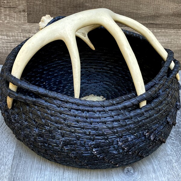 Black Pine needle basket with white antler handle, Ponderosa pine needle basket, deer antler art, black and white basket, lodge decor