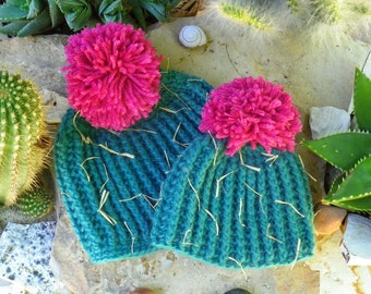 Halloween Cactus Hat, Barrel Cactus Beanie, Blue-Green with Fuchsia Pom Flower, Cactus Blossom, Desert Flower Hat