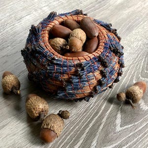 May include: A small, round, hand-woven basket crafted from natural tan fibers and accented with dark blue, textured material. The basket is filled with several brown acorns, and additional acorns are scattered around the base of the container.