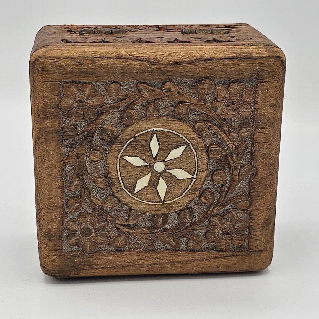 Vintage Square Ornate Carved Teak Wood Box Hinged Jewelry Etsy