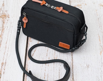 Black Camera Bag Insert Waist with Ropes Leather strap Set