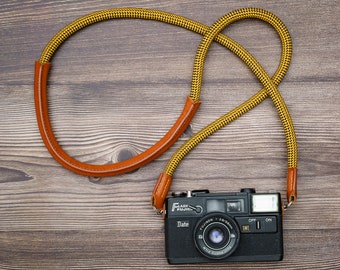 HandMade Rope Camera Strap Yellow 10mm Strap with Leather Shoulder pad  CSCL