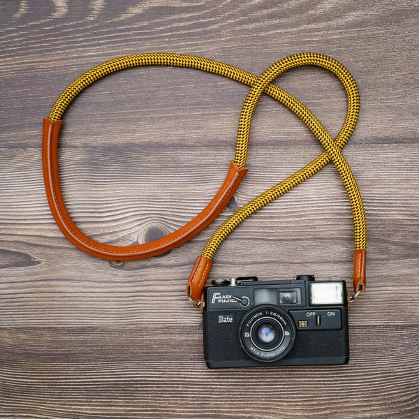 Handgemachter Seil Kameragurt Gelb 10mm Riemen mit Leder Schulterpolster CSCL