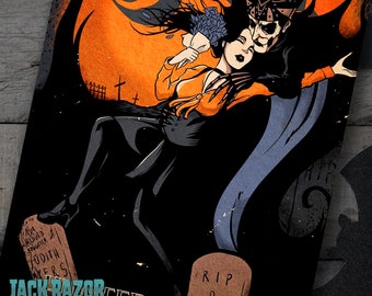May include: A black and white illustration of a man and woman dancing in a graveyard. The man is wearing a black robe and a mask, and the woman is wearing a black dress. The text "GHOST" is in the background, and the text "JACK RAZOR MUST DIE! TERROR'S MOON" is at the bottom of the image.