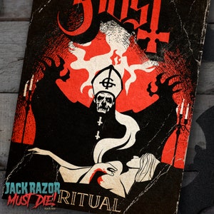 May include: A black and white illustration of a figure in a bishop's robe with a skull face and a cross on their chest. The figure is holding a woman in a white dress. The background is red with flames and the text "JACK RAZOR MUST DIE! RITUAL" is at the bottom.