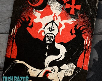 May include: A black and white illustration of a figure in a bishop's robe with a skull face and a cross on their chest. The figure is holding a woman in a white dress. The background is red with flames and the text "JACK RAZOR MUST DIE! RITUAL" is at the bottom.