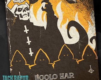 May include: A vintage-style poster featuring a black and white illustration of a figure wearing a bishop's hat and robe. The figure is raising a hand. The poster has a yellow and orange background with flames. The text on the poster reads "Jack Razor Must Die!" and "JIGOLO HAR MEGIDDO".