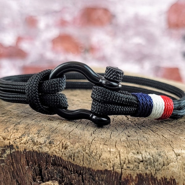 Bracelet France Noir en corde, Boucle inox et paracorde aux couleurs du drapeau Français, Bijou homme sur-mesure, idée cadeau homme