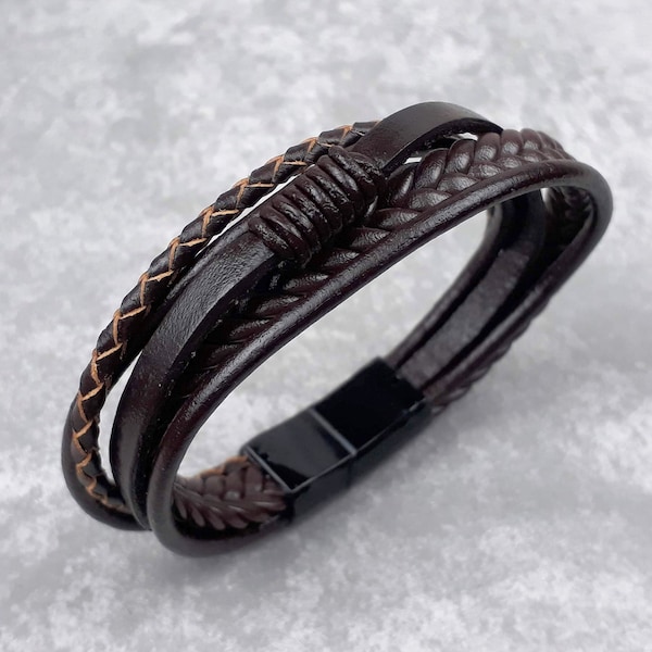 Bracelet homme cuir marron, Bracelet cuir multi rang avec fermoir magnétique noir, Idée cadeau tendance pour homme, Cadeau pour lui
