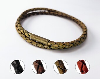 Double wrap bracelet, fine braided leather, 4mm, black, brown, green, red, discreet antique bronze clasp, custom-made men's bracelet, gift idea