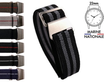 22mm Bracelet de montre Marine Nationale en nylon élastique et boucle inox brossé, couleurs Noir, Kaki, Bleu, Gris. Pour poignet 17 a 21cm.