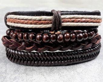 Lot of 4 pieces Africa Multirang men's bracelet, Leather and braided cotton bracelet, Original men's gift, Trendy bracelet, Birthday gift