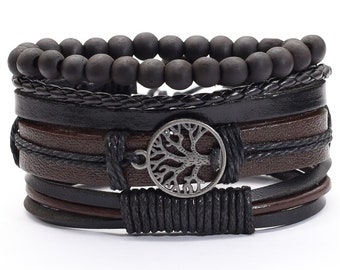 4 pièces Bracelet cuir homme Boho réglable , Bracelet pour hommes en cuir, Idée cadeau bijou homme, Cuir et perle Noir Marron au choix