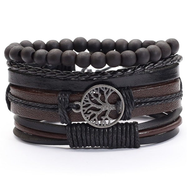 4 pièces Bracelet cuir homme Boho réglable , Bracelet pour hommes en cuir, Idée cadeau bijou homme, Cuir et perle Noir Marron au choix