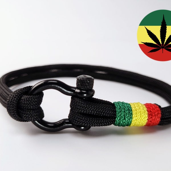 Bracelet Rasta en corde sur mesure, Boucle inox noir et paracorde noir couleurs jamaique vert jaune rouge, idée cadeau original pour homme