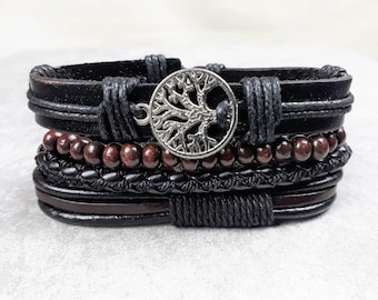 Set of Roots Leather Multirow men's bracelets, Braided leather and cotton bracelet, Original men's gift, Trendy bracelet, Birthday gift